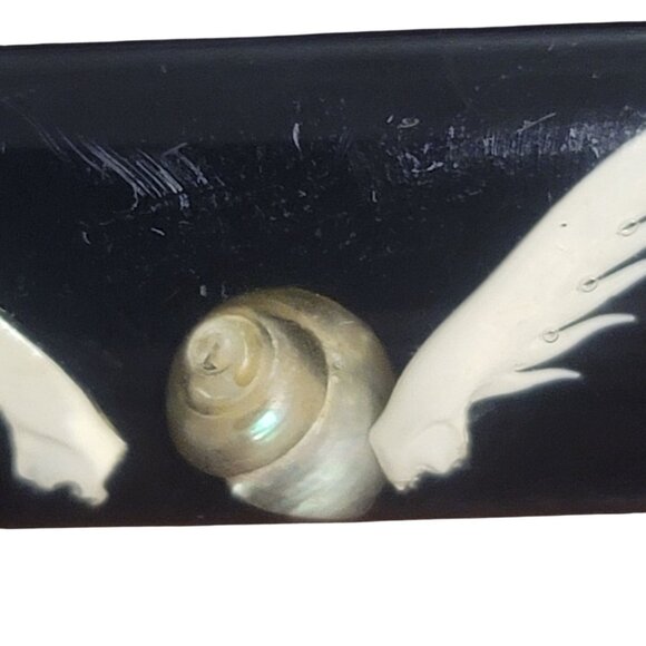 Vintage Black Lacquer Gold Tie Clip Shell Mother of Pearl Feather Inlay Design - Picture 3 of 10